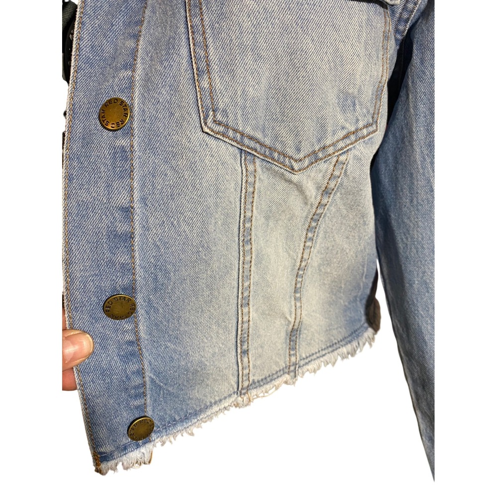 Red Star Womens Light Wash Cropped Denim Jacket Raw Hem Blue Size M - Picture 3 of 6